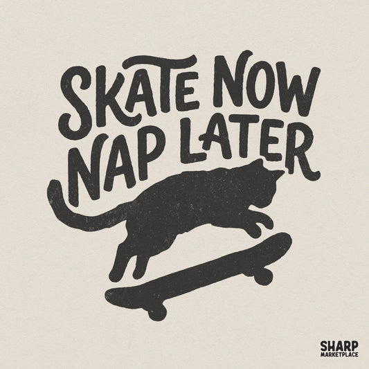 Distressed black silhouette of a cat performing a skateboard trick with bold hand-drawn text reading Skate Now Nap Later for apparel and sublimation.