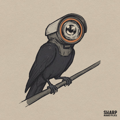 Black crow with a security camera head dystopian conspiracy graphic for funny t-shirt designs and meme apparel
