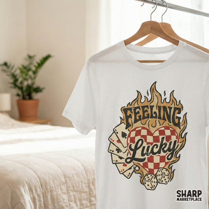 Retro poker inspired sublimation graphic with script typography, a checkered heart, and flames for DIY shirts and creative projects.