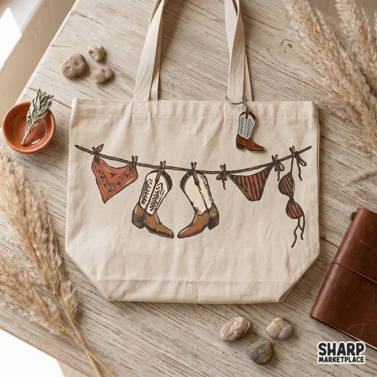 Vintage-style western clothesline graphic with cowgirl boots and swimwear, perfect for custom t-shirts, stickers, and beach-themed sublimation.