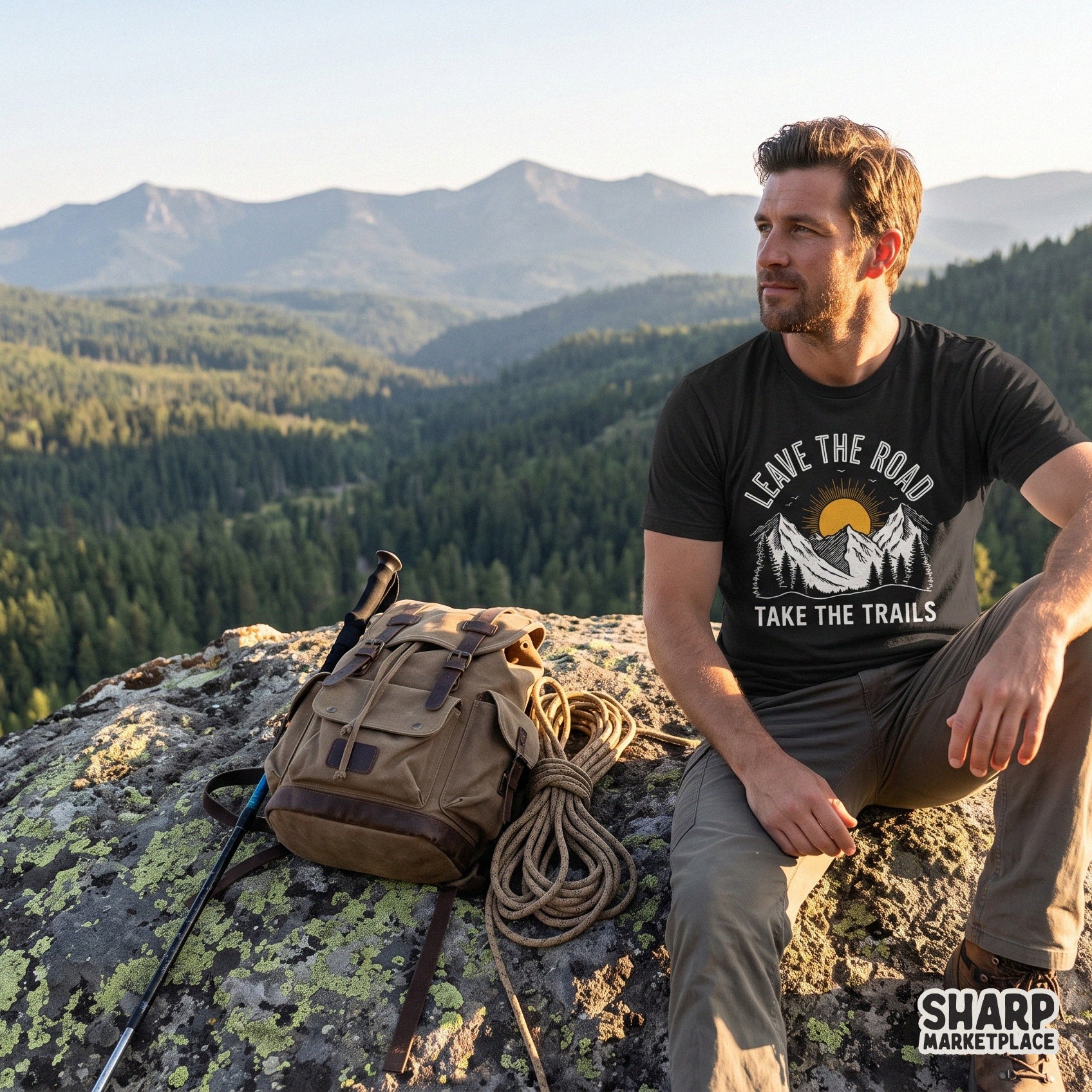 Retro mountain sunrise adventure design with hiking trails and lake life theme for summer camping t-shirts