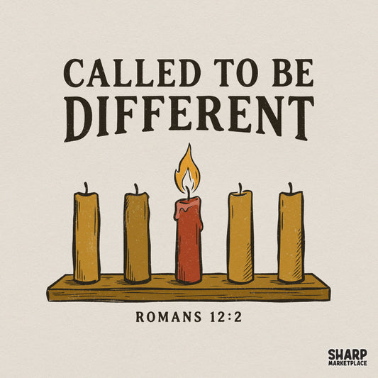 Christian digital design featuring five candles on a wooden base with one red lit candle, text reads Called To Be Different with Romans 12:2 reference.