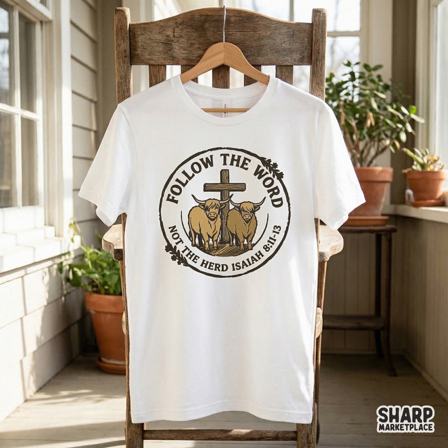 Vintage country-inspired scripture design with highland cows and a cross, suitable for printing on tumblers, wall art, or Christian-themed DIY gifts.