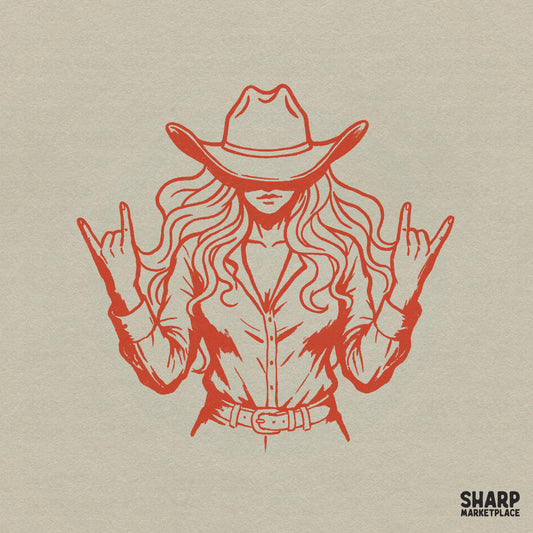 Monochromatic coral orange line art of a cowgirl in a western hat and button-down shirt making the rock and roll hand sign, isolated on a neutral background.