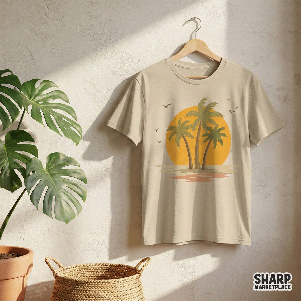 Distressed sunset and palm tree digital art with a warm, earthy color palette, ideal for creating printable wall art and custom summer merchandise.