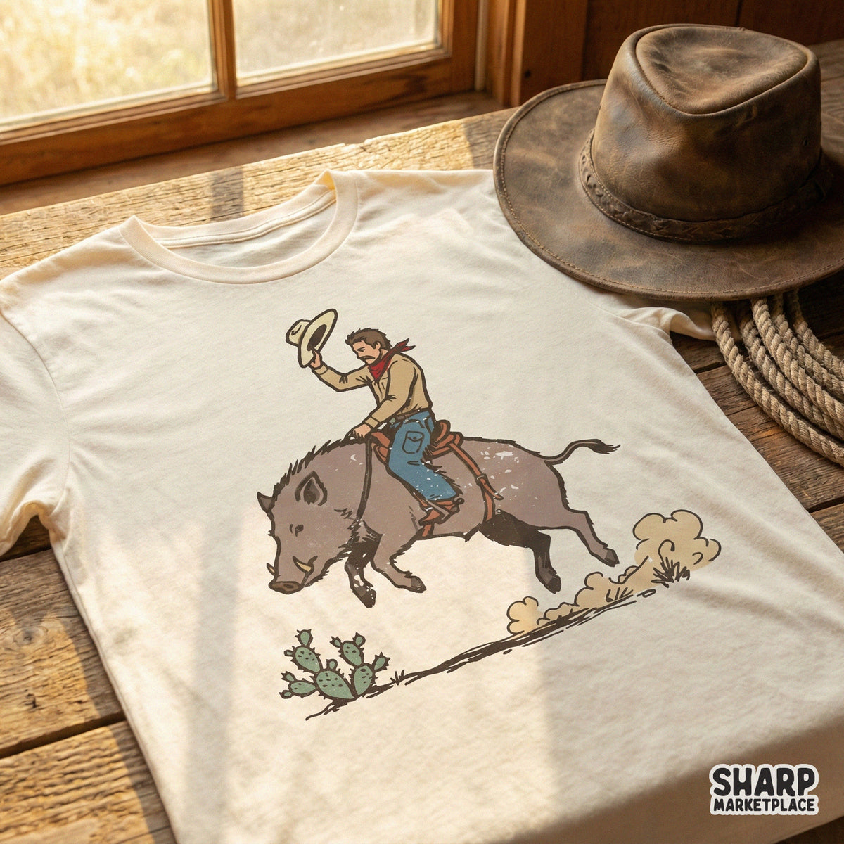 Digital design of a cowboy riding a wild boar printed on a cream t-shirt, showcasing a humorous western rodeo theme with a distressed vintage aesthetic.