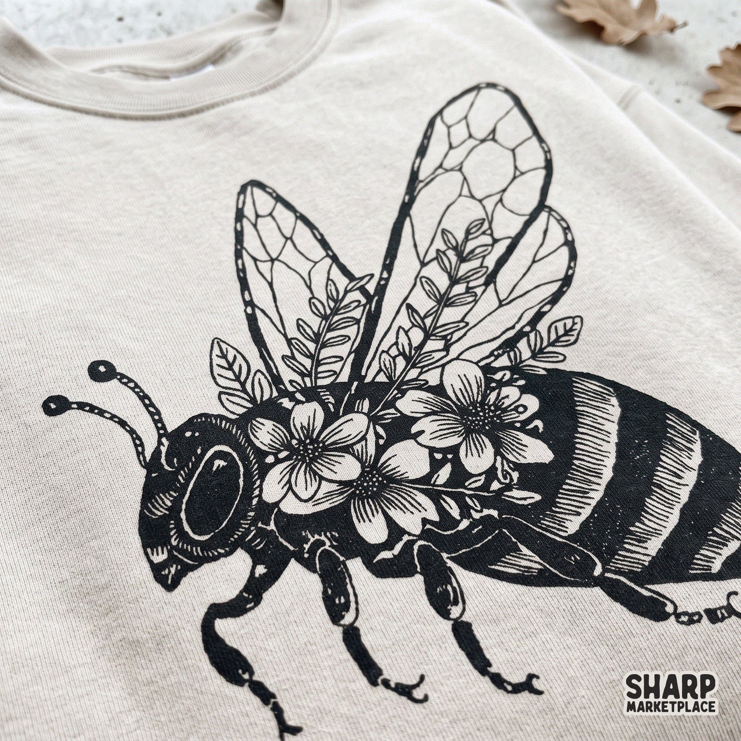 Vintage botanical floral bee sketch graphic for retro spring sublimation shirts