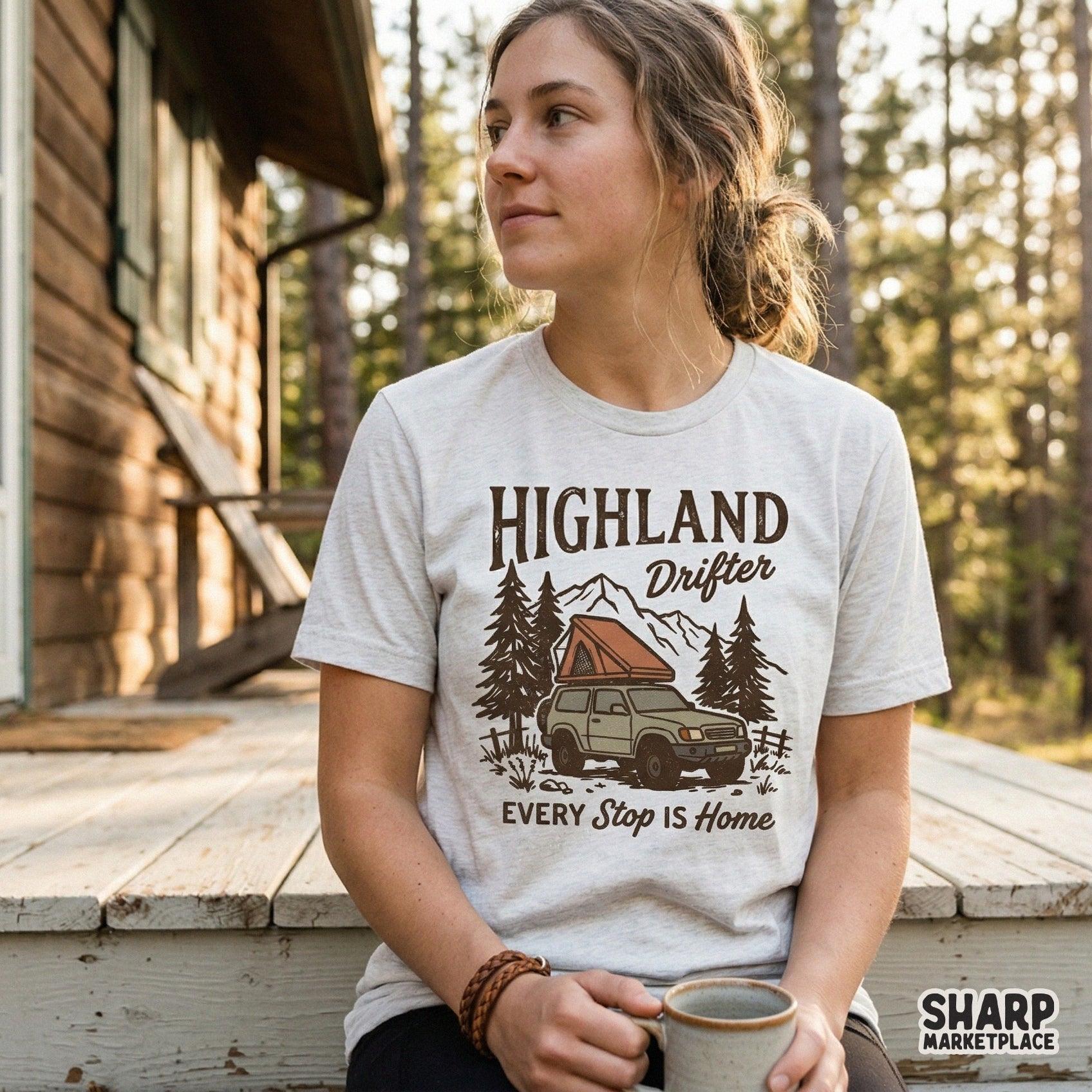 Earthy toned camping design with a mountain SUV and rooftop tent, featuring distressed typography for custom western or adventure themed DIY projects.