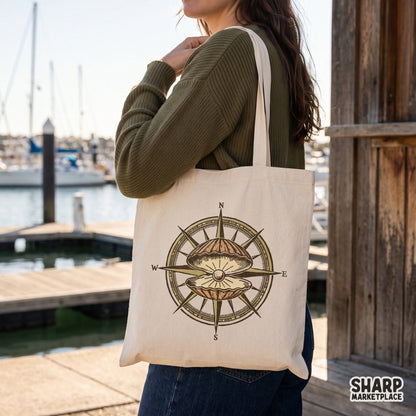 Vintage nautical compass with oyster pearl shell retro coastal sublimation png design for summer shirts