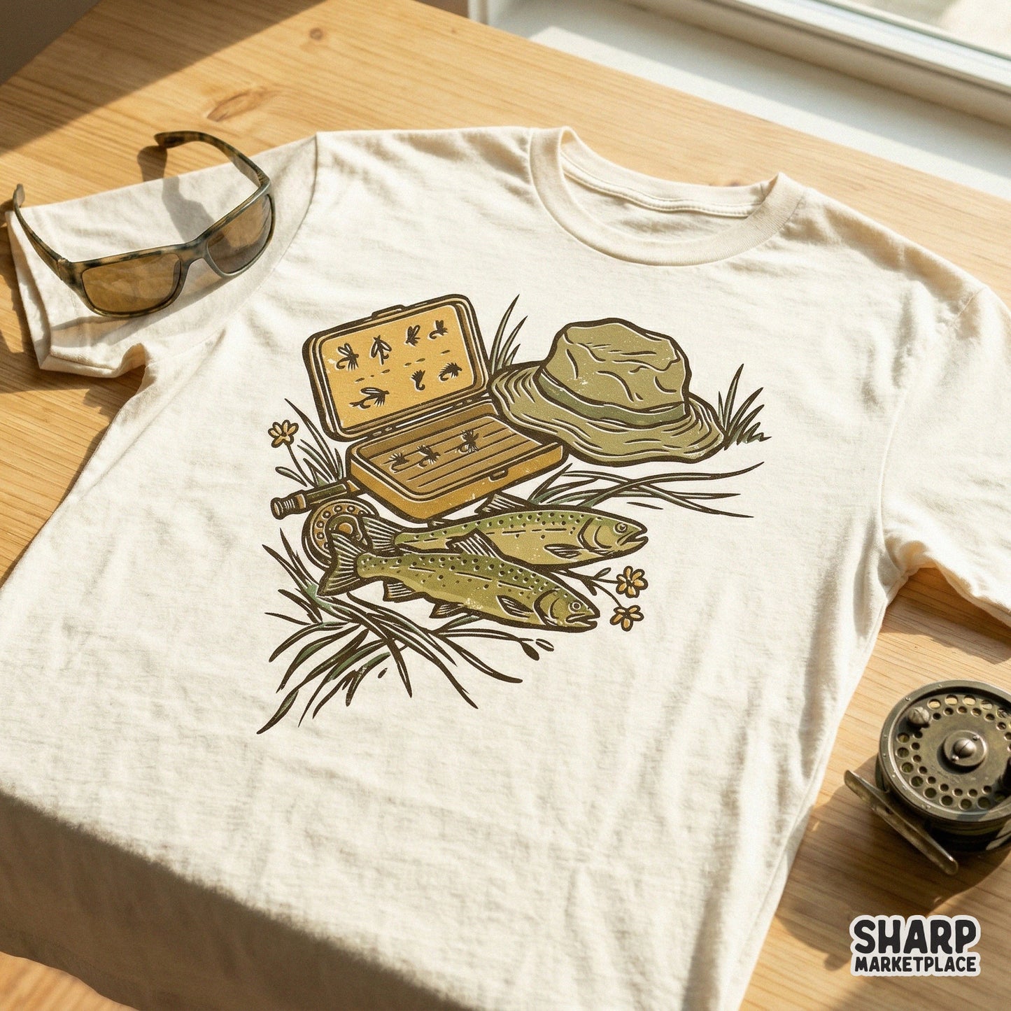 Rustic fishing gear illustration on a t-shirt mockup, showcasing a vintage tackle box, hat, and trout for outdoor-themed apparel sublimation.