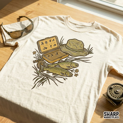 Rustic fishing gear illustration on a t-shirt mockup, showcasing a vintage tackle box, hat, and trout for outdoor-themed apparel sublimation.