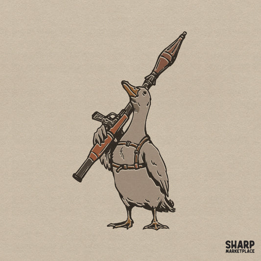 Gritty hand-drawn illustration of a duck wearing a tactical harness and carrying a large rocket launcher, perfect for streetwear or funny apparel.