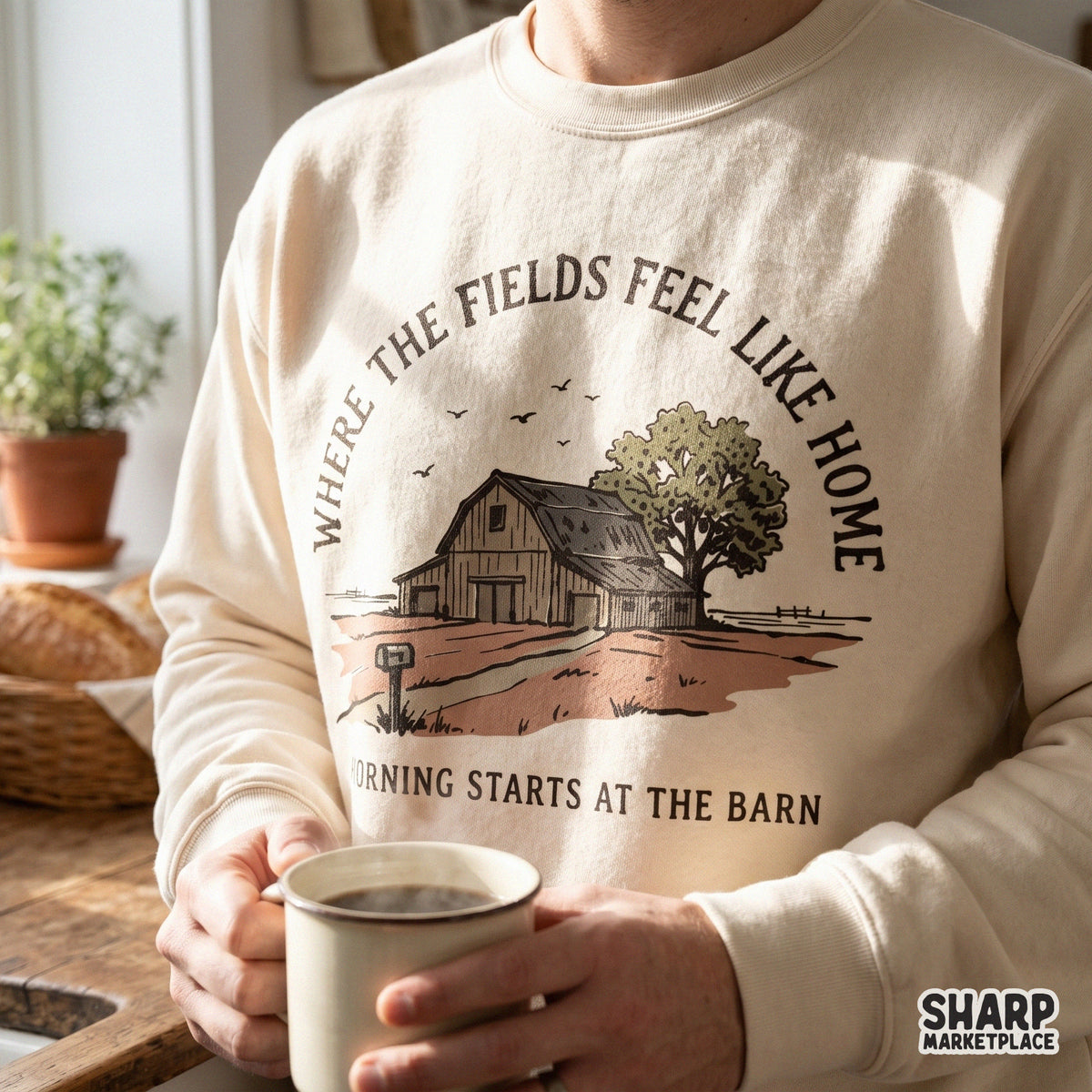 Western-inspired farm life graphic showing a rustic barn and field, featuring distressed typography for custom t-shirts, stickers, and home decor.
