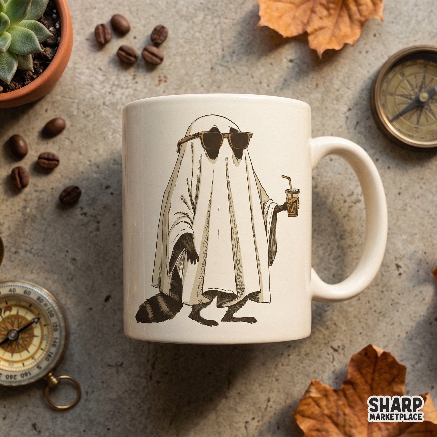 Funny retro raccoon in a costume drinking an iced beverage spooky season Halloween png sublimation design
