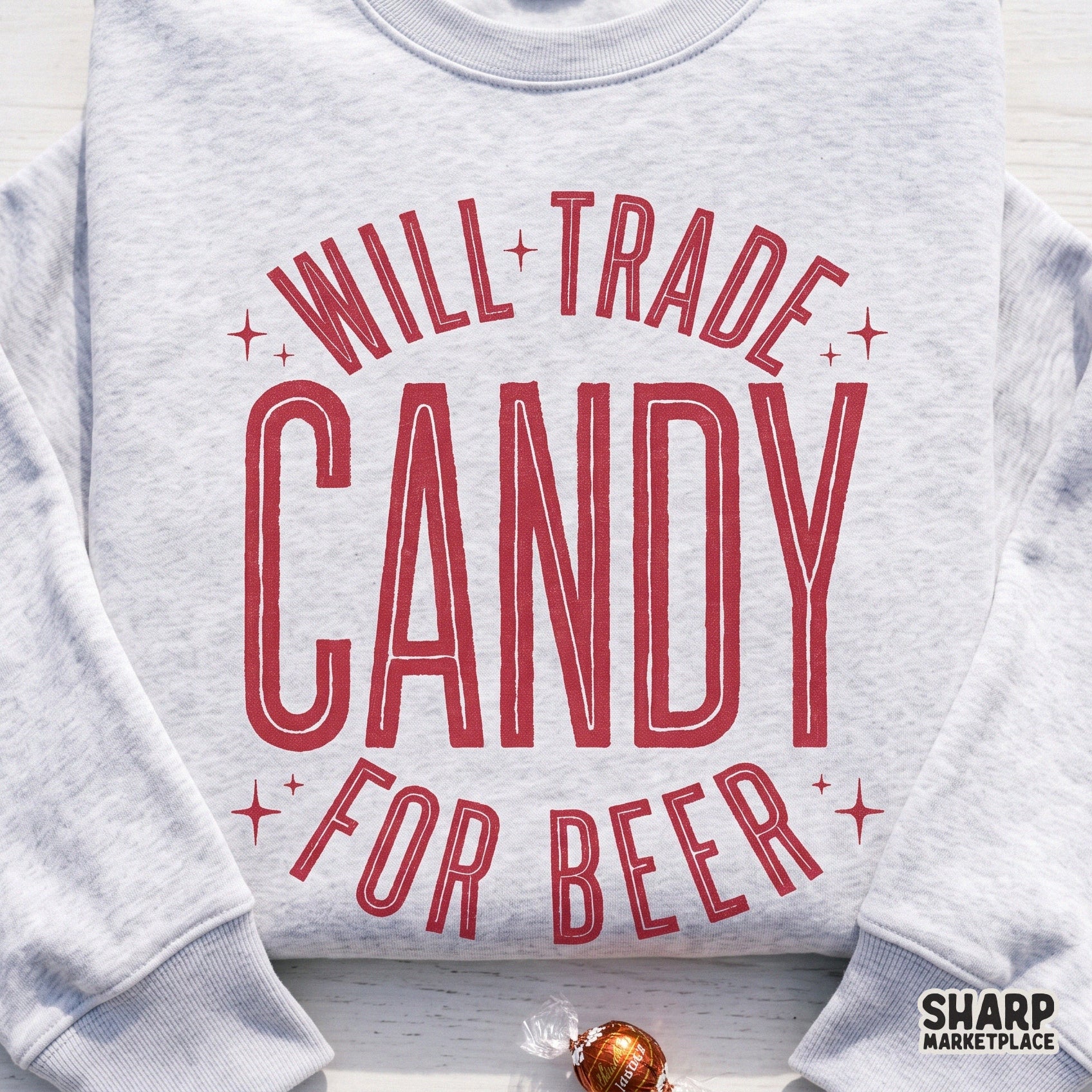 Retro Halloween sublimation design with sarcastic Will Trade Candy For Beer text for funny drinking humor shirts
