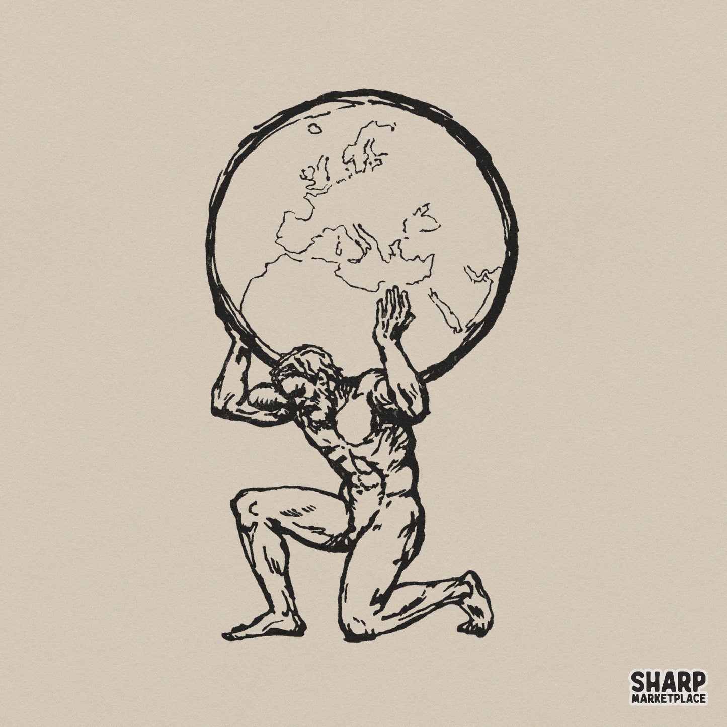 Vintage hand-drawn black line art of a kneeling mythic figure carrying a globe, isolated on a neutral background for apparel or sticker printing.