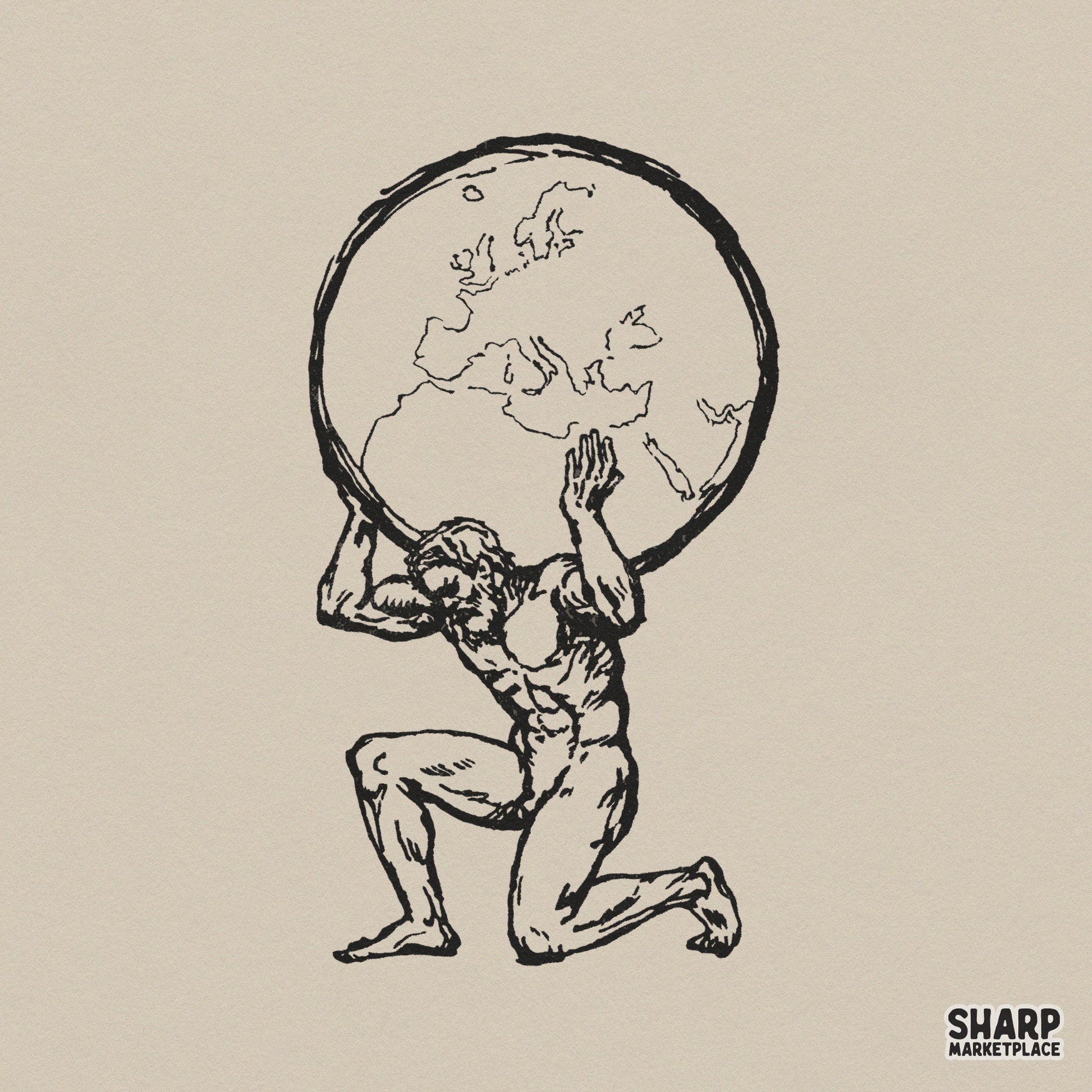 Vintage hand-drawn black line art of a kneeling mythic figure carrying a globe, isolated on a neutral background for apparel or sticker printing.