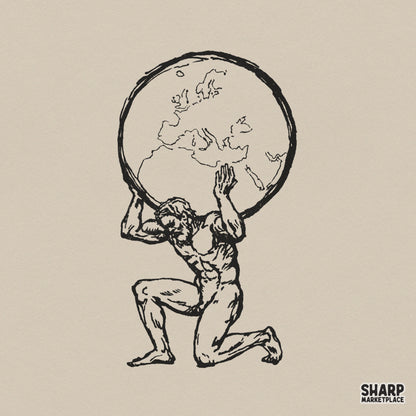 Vintage hand-drawn black line art of a kneeling mythic figure carrying a globe, isolated on a neutral background for apparel or sticker printing.