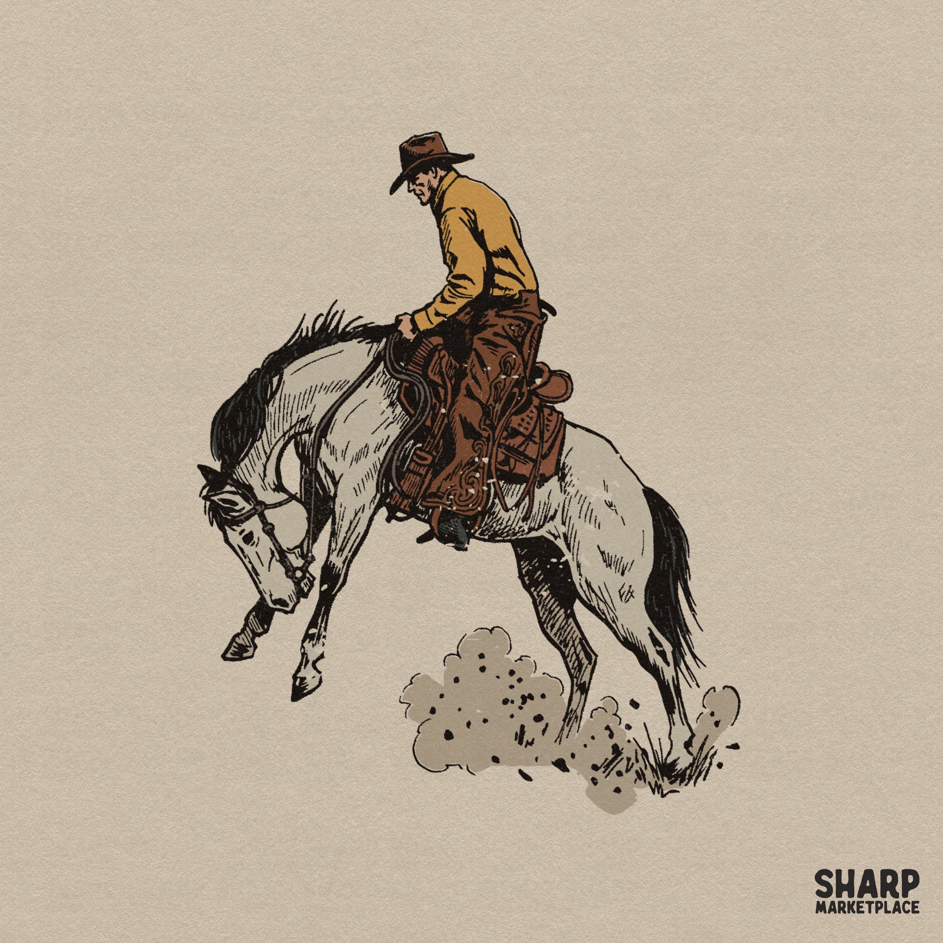 Hand-drawn bucking horse and cowboy illustration in a retro western style with golden yellow and brown tones for sublimation and apparel.