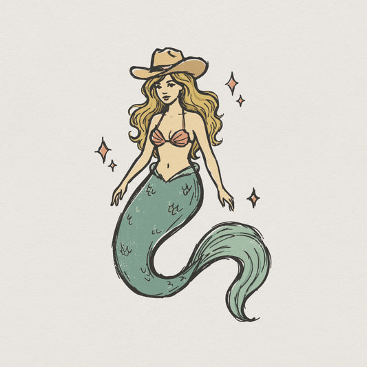 Cowgirl Mermaid PNG, Western Mermaid Clipart - 300 DPI Design for T-Shirt