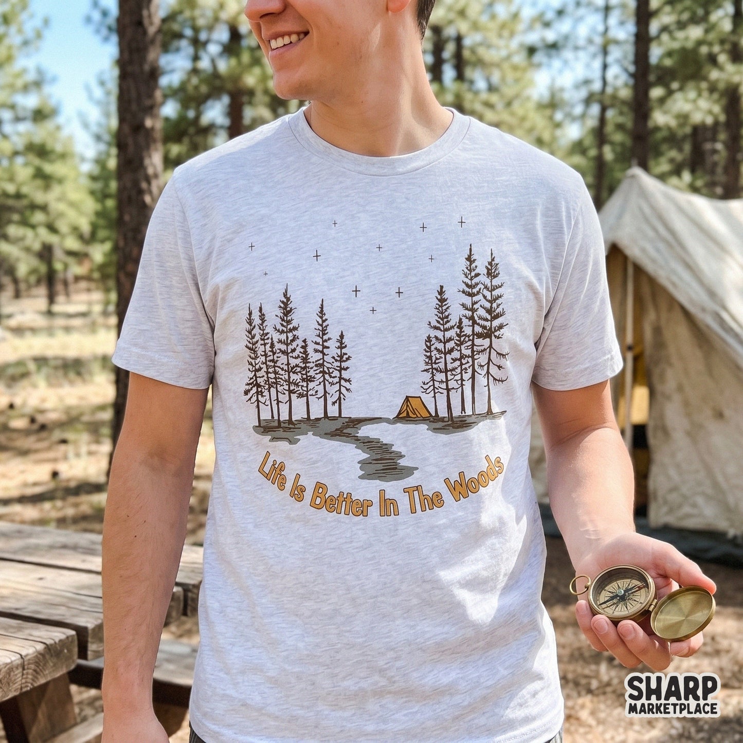 Life Is Better In The Woods retro camping PNG with woodland scene and stars for hiking apparel and outdoor sublimation designs