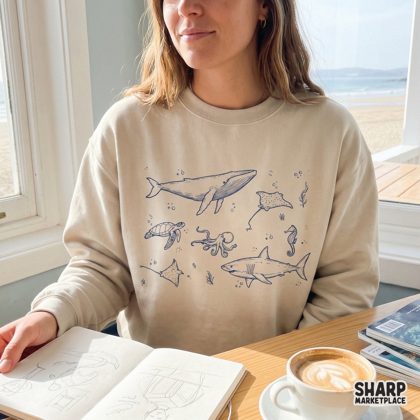 Vintage ocean life sea creatures collage PNG for aesthetic summer beach shirts and marine biology apparel design