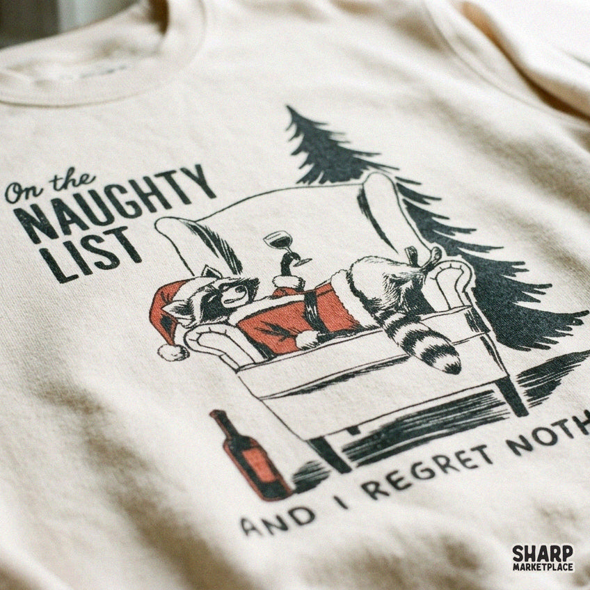 Funny Christmas raccoon PNG design with sarcastic naughty list quote for holiday t-shirts and sublimation
