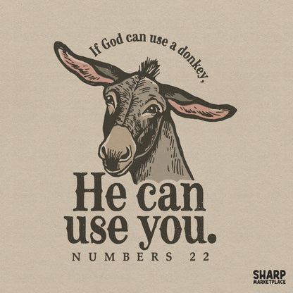Funny christian png graphic with a biblical humor donkey quote for custom t-shirts and faith-based apparel printing