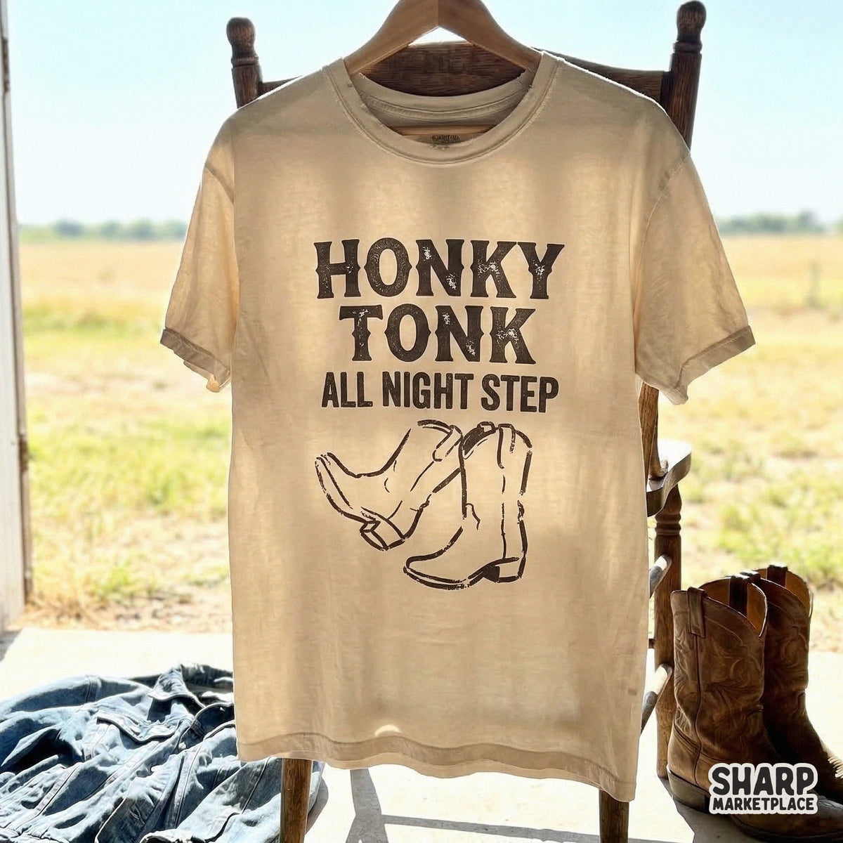 Western style digital graphic with distressed cowboy boots and country music inspired text, ideal for custom t-shirts, tumblers, and DIY craft projects.