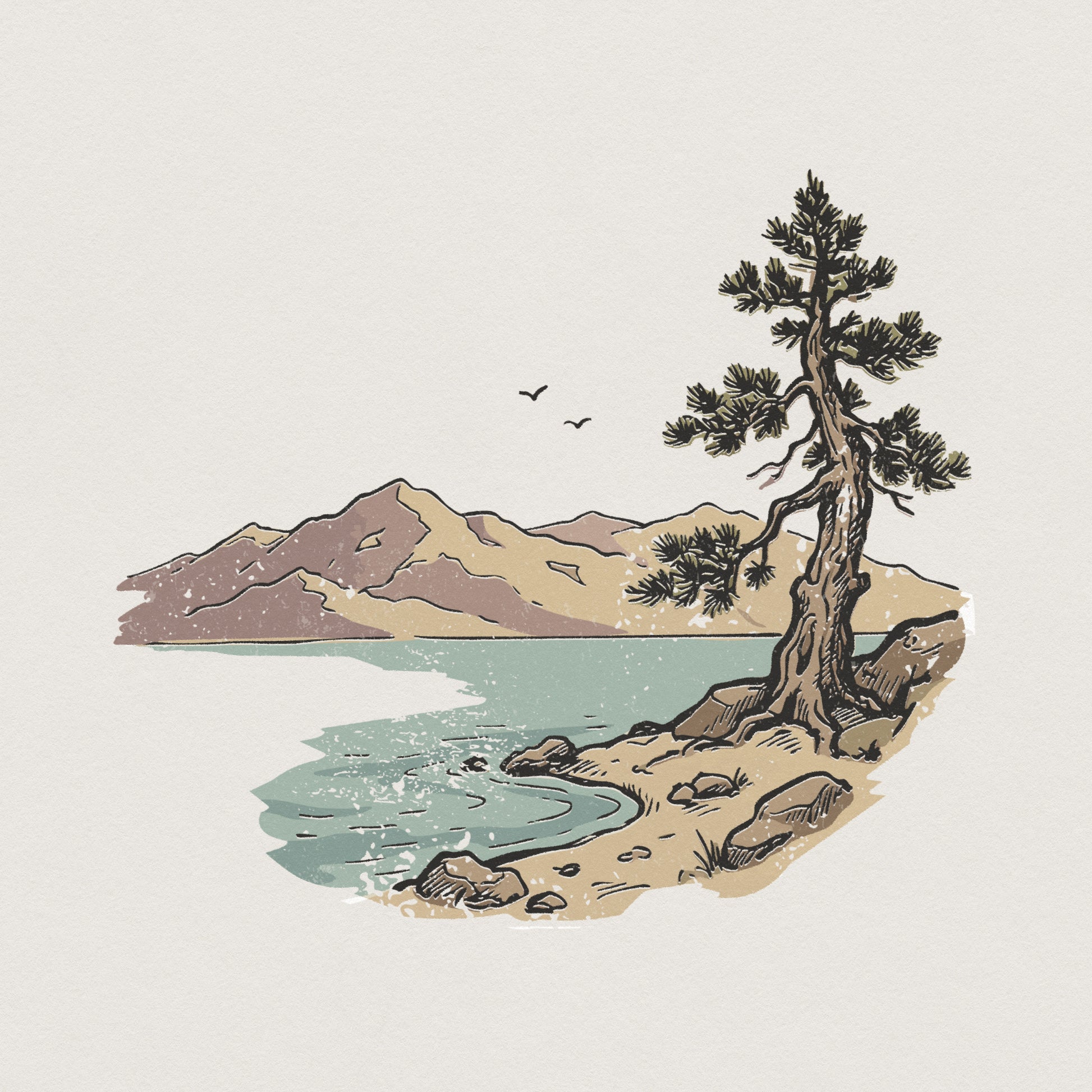 Vintage mountain lake PNG featuring a weathered pine tree on a rocky shoreline with mountains in the background, perfect for nature-themed apparel.