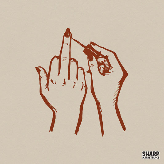 Sienna brown hand-drawn illustration of hands, one flashing a middle finger while the other applies nail polish, isolated on a neutral background.