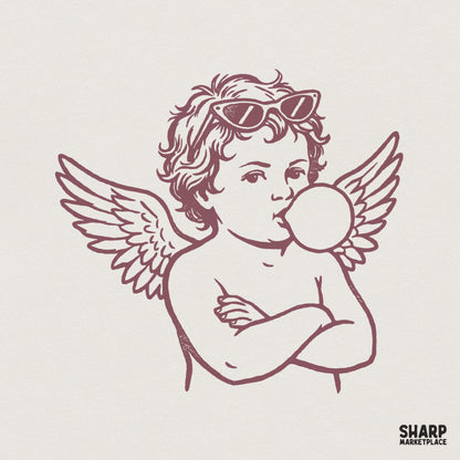 Cool Cherub Blowing Bubblegum Retro Angel PNG, Attitude Funny Angel