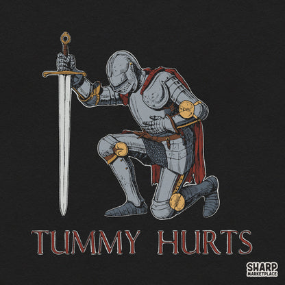 Funny kneeling medieval knight tummy ache meme PNG design for chronic illness shirts and sarcastic gifts