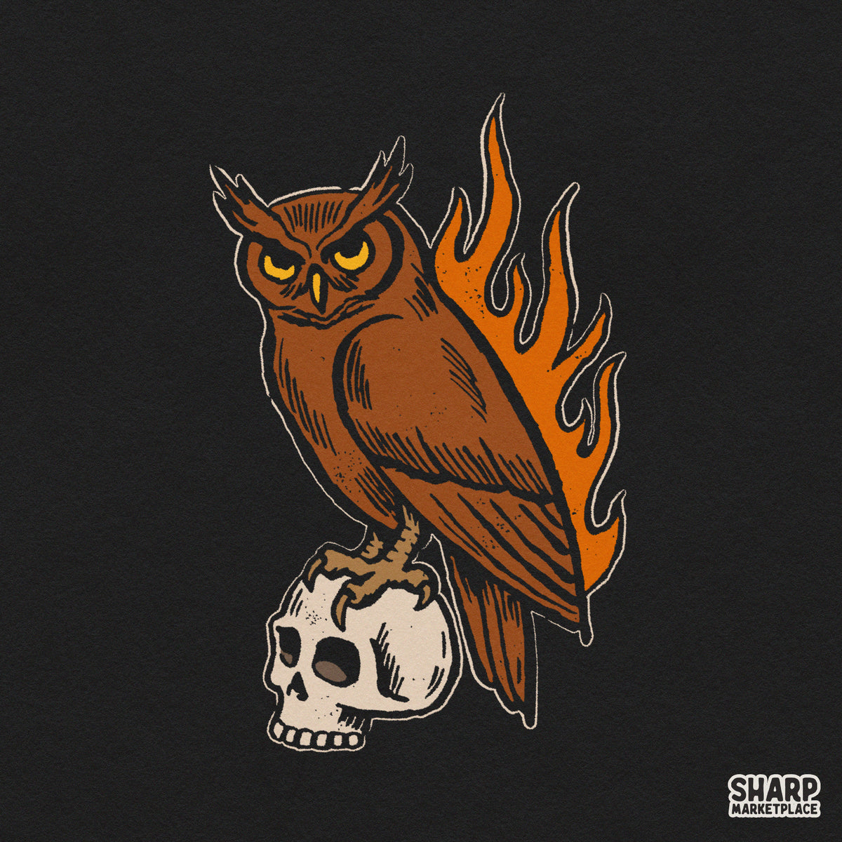 Gothic owl perched on a skull with blazing fire shirt sublimation PNG for Halloween streetwear