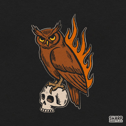Gothic owl perched on a skull with blazing fire shirt sublimation PNG for Halloween streetwear