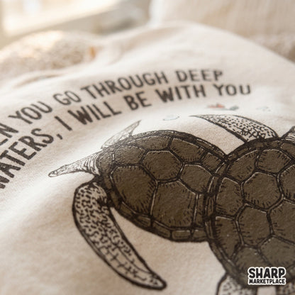 Christian sublimation design featuring a sea turtle and deep waters faith scripture for t-shirts