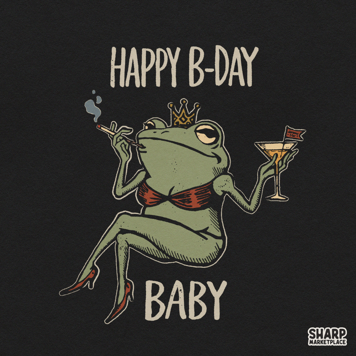 Funny bikini frog retro design for birthday t-shirts featuring a sarcastic animal meme PNG for print on demand