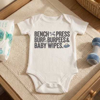 Bench Press Burp Burpees & Baby Wipes PNG, Funny Fitness Dad Shirt - 300