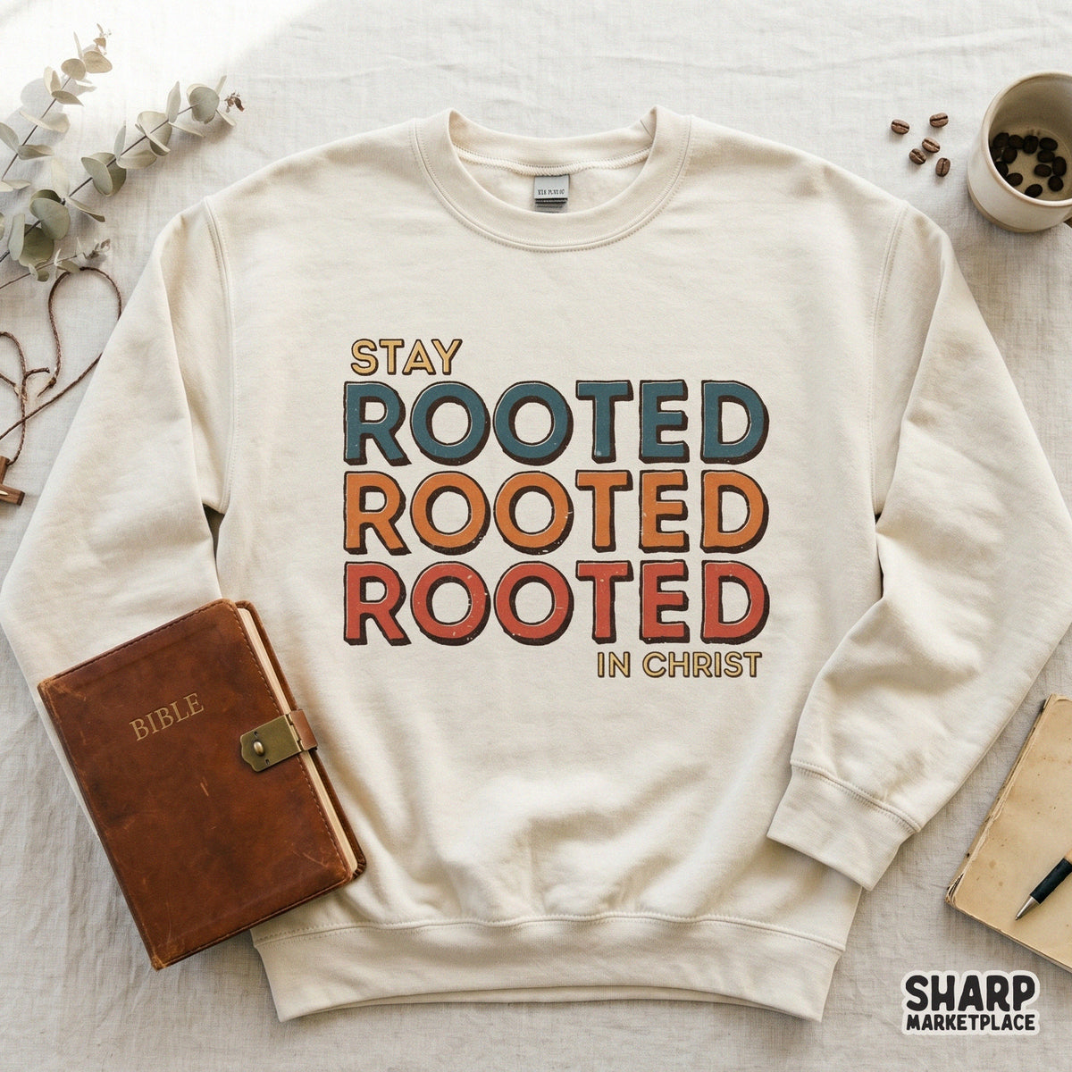 Digital download graphic featuring bold, vintage-style stacked text reading Stay Rooted Rooted Rooted In Christ for faith-based apparel.