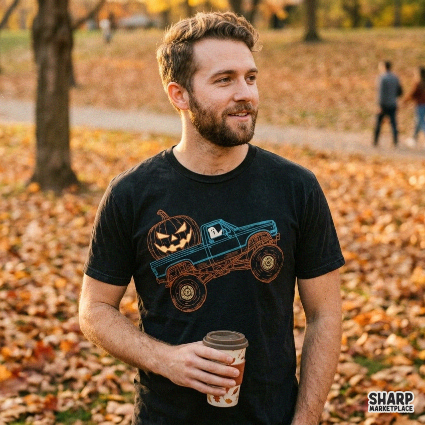Vintage monster truck carrying a glowing jack o lantern with a ghost driver retro Halloween PNG design