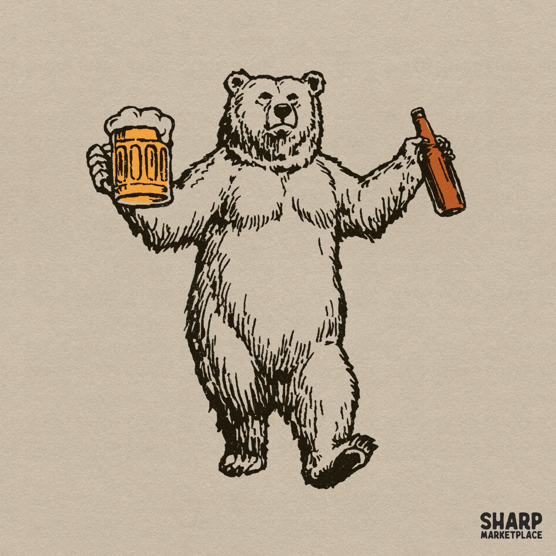 Vintage woodcut style illustration of a dancing polar bear holding a frothy beer mug and a bottle, perfect for funny apparel or DIY projects.