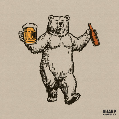 Vintage woodcut style illustration of a dancing polar bear holding a frothy beer mug and a bottle, perfect for funny apparel or DIY projects.