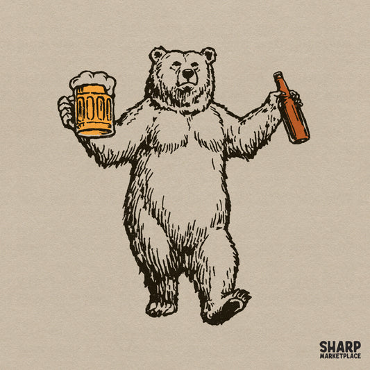 Vintage woodcut style illustration of a dancing polar bear holding a frothy beer mug and a bottle, perfect for funny apparel or DIY projects.