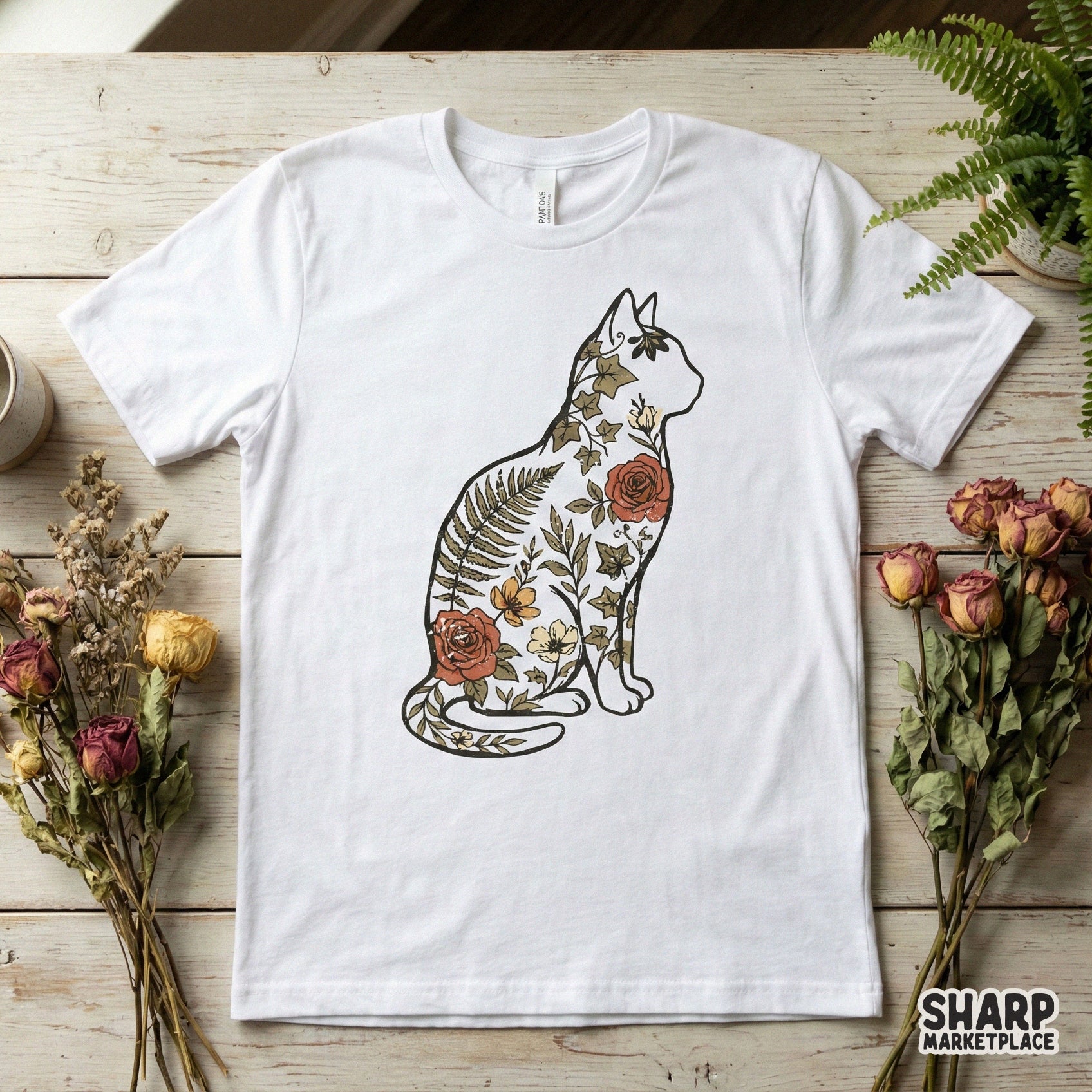 Floral Cat Silhouette PNG Design, Vintage Botanical Cat Art - 300 DPI