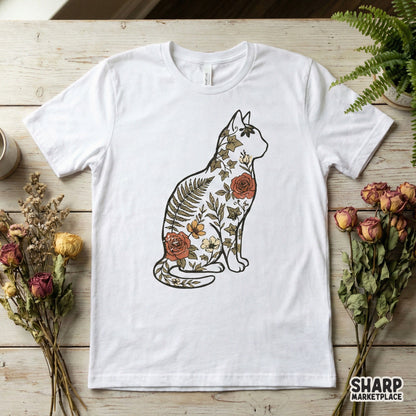 Floral Cat Silhouette PNG Design, Vintage Botanical Cat Art - 300 DPI