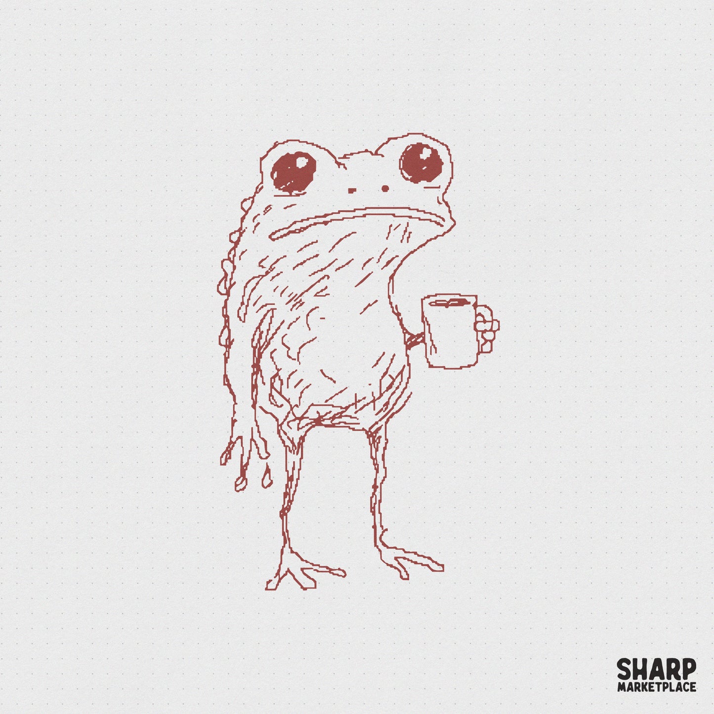 Sleepy Red Frog Holding Coffee Cup, Hand Drawn PNG Art - 300 DPI Design