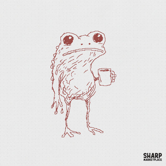 Sleepy Red Frog Holding Coffee Cup, Hand Drawn PNG Art - 300 DPI Design