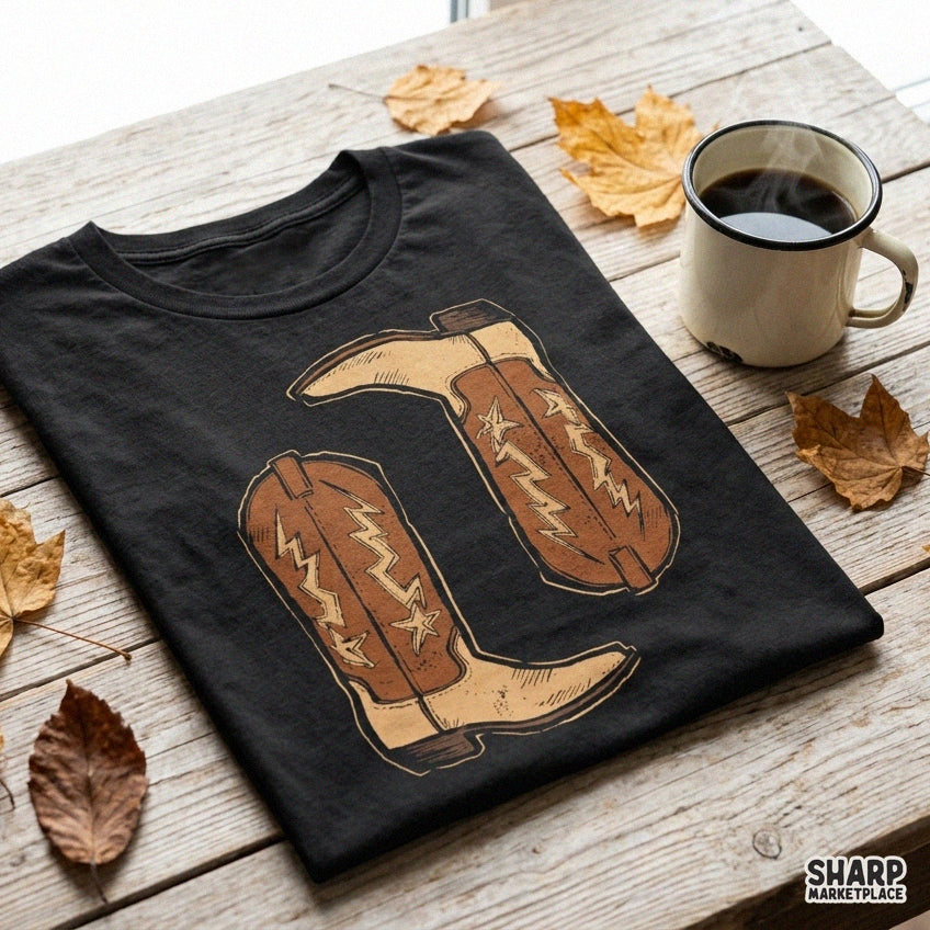 Vintage western cowboy boots with lightning bolts sublimation PNG graphic for trendy shirts and country rodeo decor