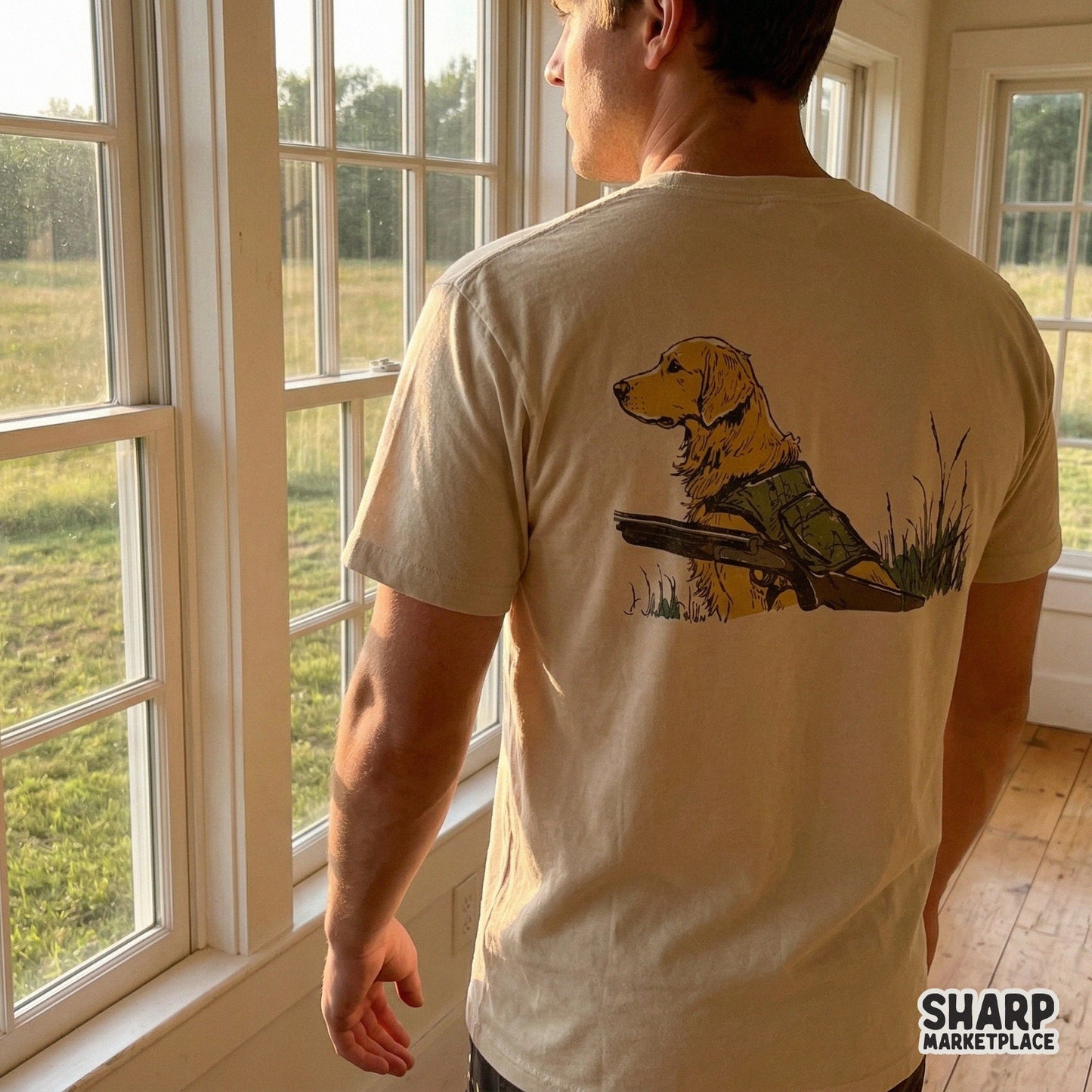 Digital design of a hunting dog in a duck blind with a shotgun, featuring earthy tones and distressed textures for custom t-shirt printing.