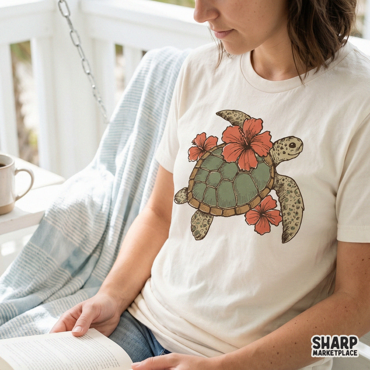 Coastal sea turtle artwork with tropical hibiscus flowers, ideal for DIY summer projects, printable wall art, or custom tumbler designs.